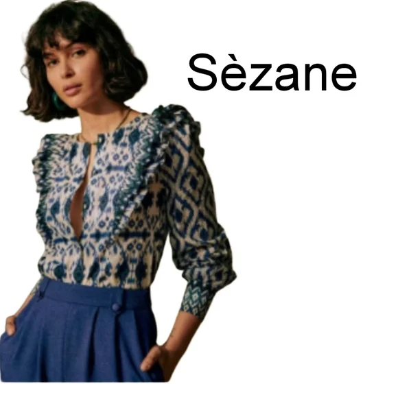 Sezane Printed Ruffle Cotyon Blue Button Down Blouse Size 42 US 10 - Picture 1 of 12